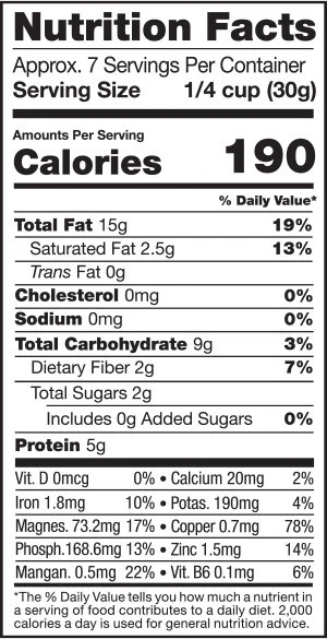 Nutrition facts for Sunfood raw organic cashews