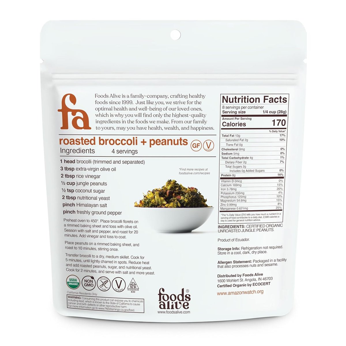 Back of bag with ingredients and certifications